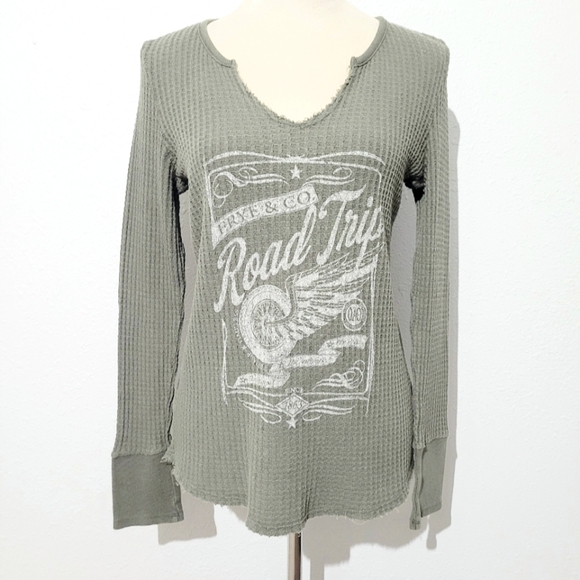 Frye & Co. Women's Waffle Knit Thermal Top Size Large Long Sleeve Road Trip Logo - Picture 1 of 10